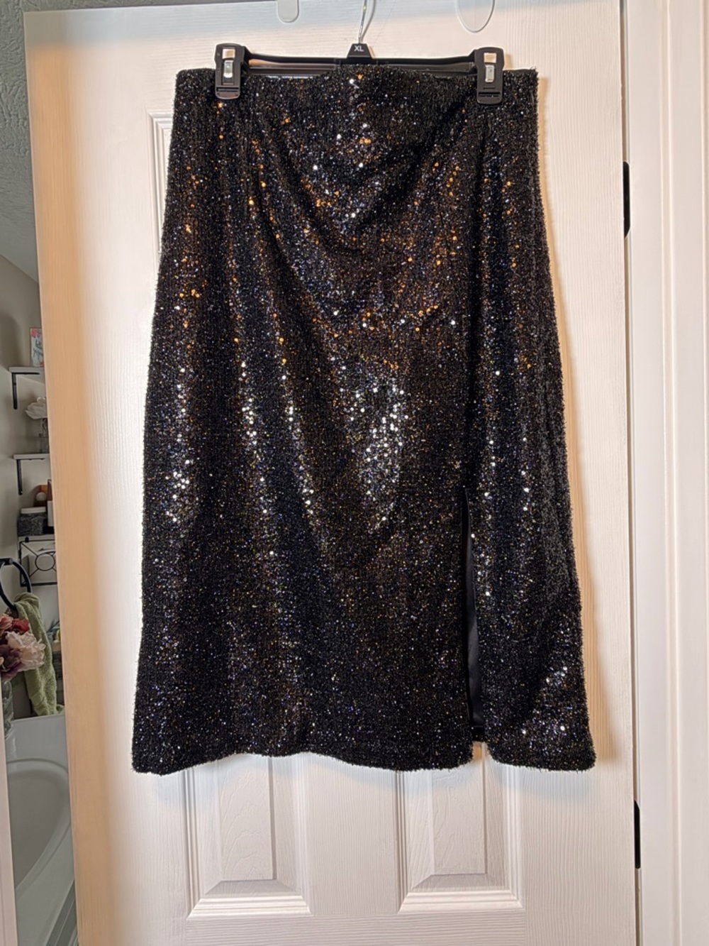 Express Black Sequin Midi Skirt with Side Slit